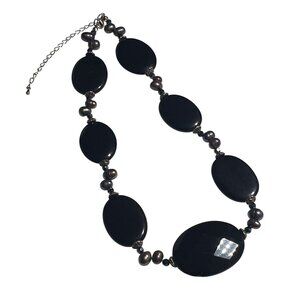 Black Onyx Faux Pearl Oval Bead Statement Necklace Chain Elegant Costume Jewelry